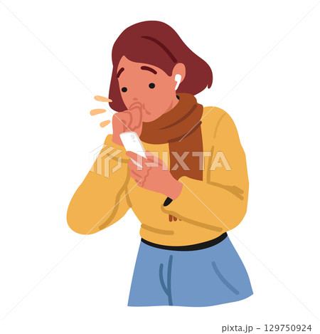 Woman character with strong cough looking at smartphone screen searching information about symptom Woman character with strong cough looking at smartphone screen searching information about symptom 129750924