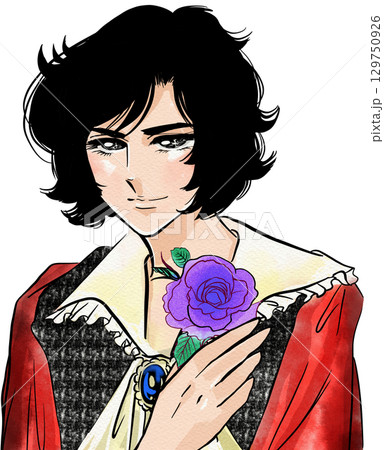 薔薇を胸元に持った70年代少女漫画風黒髪イケメン王子 129750926