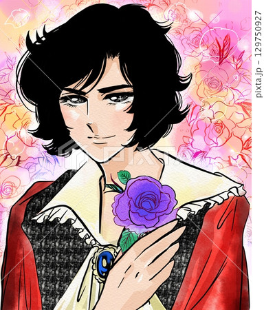 薔薇を胸元に持った70年代少女漫画風黒髪イケメン王子と花園背景 129750927