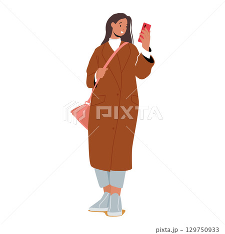 Pretty trendy fashion young woman cartoon character making selfie photo showcasing seasonal outfit Pretty trendy fashion young woman cartoon character making selfie photo showcasing seasonal outfit 129750933