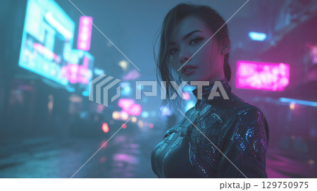 Futuristic woman in neon-lit rainy city street at night 129750975