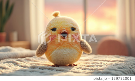 cute plush yellow chick toy with rosy cheeks on cozy blanket at sunset cute plush yellow chick toy with rosy cheeks on cozy blanket at sunset 129751001