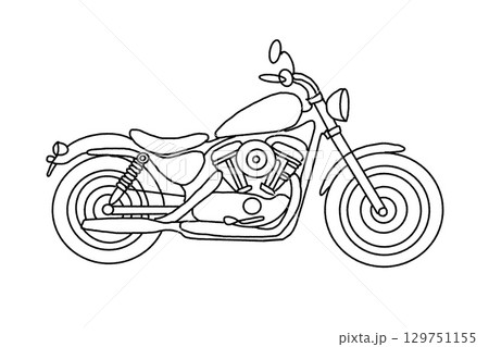 バイク　アメリカン　線画　横向き　大型バイク　シルエット 129751155