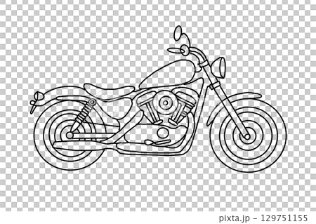 バイク　アメリカン　線画　横向き　大型バイク　シルエット 129751155
