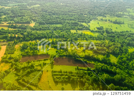 Aerial view of agricultural fields and forest patches in rural landscape. Sustainable land use, biodiversity, and harmonious coexistence of nature and farming. 129751459