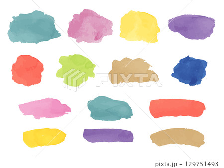 水彩の見出し、吹き出し素材イラストセット(カラフル・赤・紫・青・黄色・水色・緑・茶色) 水彩の見出し、吹き出し素材イラストセット(カラフル・赤・紫・青・黄色・水色・緑・茶色) 129751493