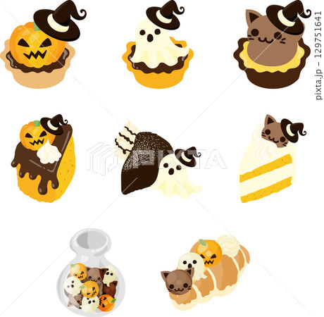 ハロウィンにぴったりなスイーツのイラストセットです。 129751641