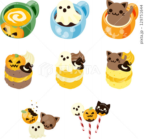 ハロウィンにぴったりなスイーツのイラストセットです。 129751644