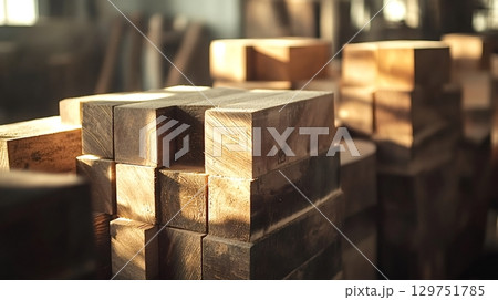 Wood material stacked in workshop, lumber industry scene 129751785