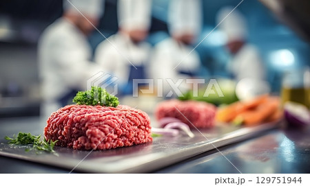 Professional chefs preparing gourmet dishes in kitchen 129751944