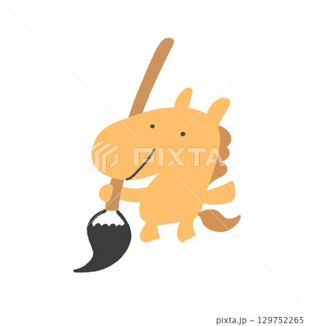 筆を持つ馬のかわいい手描きイラスト　2026　正月素材 129752265
