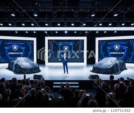 AI生成　ビジネスイメージ　新型車発表会とプレゼンする自動車メーカーのCEO 129752302