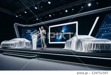AI生成　ビジネスイメージ　新型車発表会とプレゼンする自動車メーカーのCEO 129752307