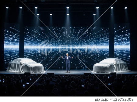 AI生成　ビジネスイメージ　新型車発表会とプレゼンする自動車メーカーのCEO 129752308