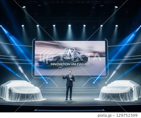AI生成　ビジネスイメージ　新型車発表会とプレゼンする自動車メーカーのCEO 129752309