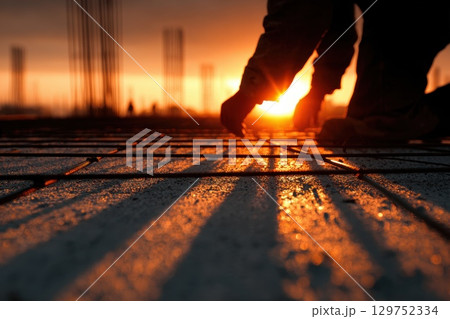 Skilled Construction Worker Bending Over to Tie Reinforcement Bars at Sunrise 129752334