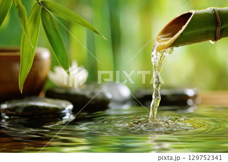 Tranquil Bamboo Fountain Dripping Water into Calm Pond Surrounded by Greenery and Stones Tranquil Bamboo Fountain Dripping Water into Calm Pond Surrounded by Greenery and Stones 129752341