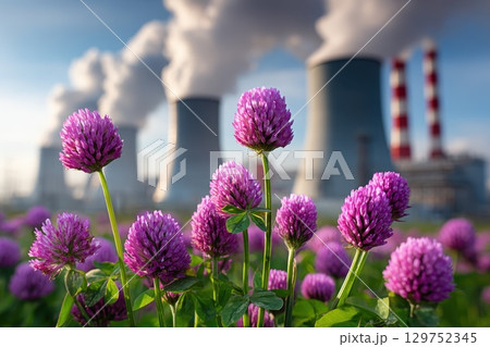 Wild Clover Patch in Focus with Heat Shimmer and Power Plant in Background Wild Clover Patch in Focus with Heat Shimmer and Power Plant in Background 129752345