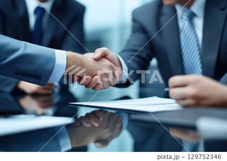 Two Businesspeople Engaging in a Handshake Across a Table in a Modern Office Setting Two Businesspeople Engaging in a Handshake Across a Table in a Modern Office Setting 129752346