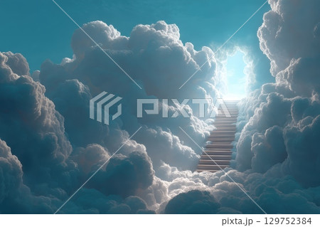 Bright Glowing Ladder Ascending Into the Sky Through Clouds with Light Breaking Through 129752384