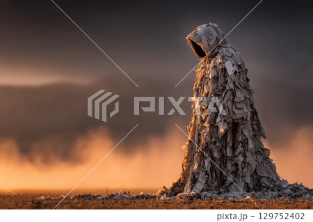 Eco-Themed Costume Made of Paper Trash Flows in a Mystical Landscape at Dusk 129752402