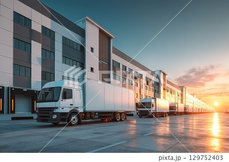 Sleek White Delivery Van Parked Diagonally at Industrial Warehouse During Sunrise 129752403