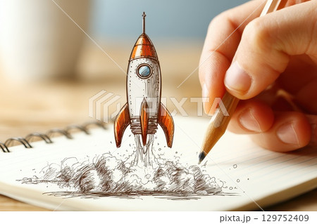 Close Up of Hand Sketching a Rocket on Notepad with Pencil and Coffee Cup in Soft Background 129752409