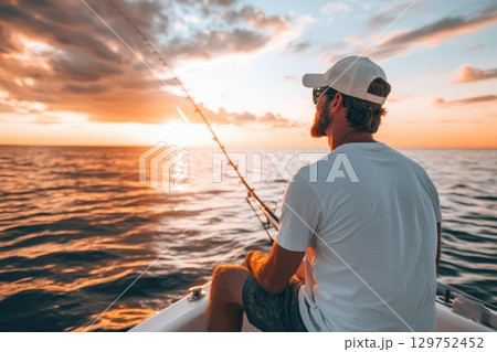 Man Enjoys Peaceful Fishing at Sunset on Calm Waters with Dramatic Sky and Golden Light 129752452
