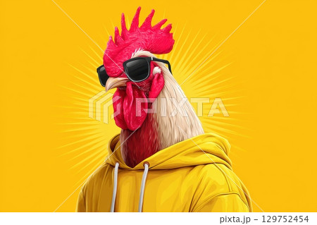 A chicken wearing sunglasses and a yellow hoodie 129752454