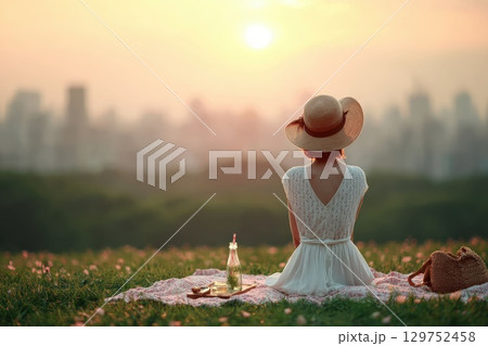 Individual Relaxing on Picnic Blanket in Park at Sunset with City Skyline in Background 129752458