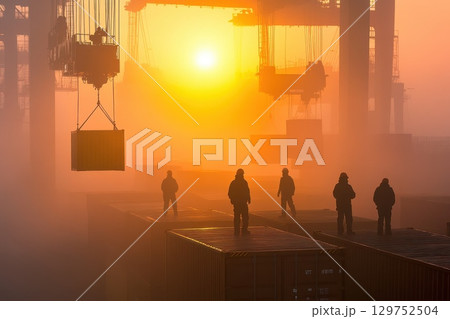 Workers Guiding Cranes at Port During Sunrise with Mist and Container Stacks Workers Guiding Cranes at Port During Sunrise with Mist and Container Stacks 129752504