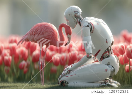 Advanced Robot Kneeling in a Vivid Tulip Field Gazing at a Beautiful Flamingo 129752521