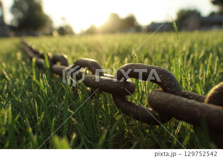 Close-Up of Snapped Metal Chains Lying in Half on Grass Under Natural Lighting Close-Up of Snapped Metal Chains Lying in Half on Grass Under Natural Lighting 129752542
