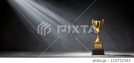 Golden Trophy Under Spotlight in Dark Background with Blurred Effect 129752563