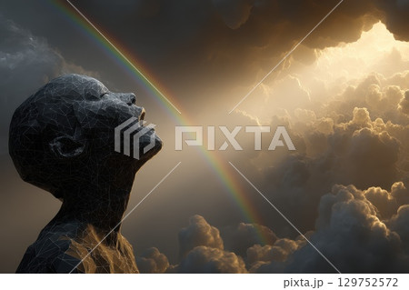 Crystalline Figure in Portrait, Screaming at the Sky Above with Rainbow and Dramatic Clouds Crystalline Figure in Portrait, Screaming at the Sky Above with Rainbow and Dramatic Clouds 129752572