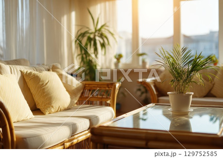 Cozy Modern Living Room with Bamboo Furniture and Natural Light Streaming In Cozy Modern Living Room with Bamboo Furniture and Natural Light Streaming In 129752585