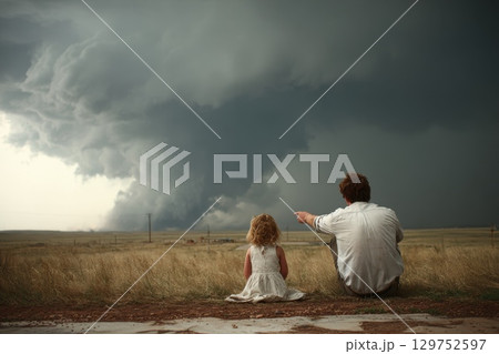 Child and adult point toward fast-moving storm clouds in dramatic sky over open landscape 129752597
