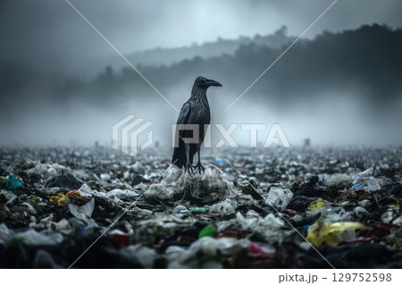 Bird Scavenges for Food in Smoky Landfill Setting with Misty Hills in Background 129752598