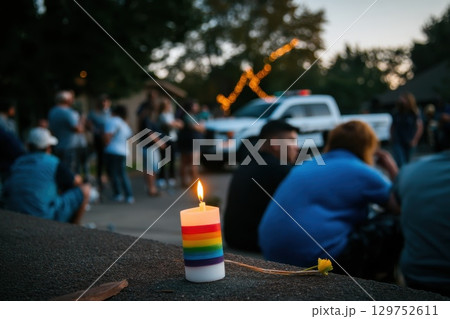 Peaceful Dusk Scene with Candlelight in Moody Atmosphere during Pride Celebration Event 129752611