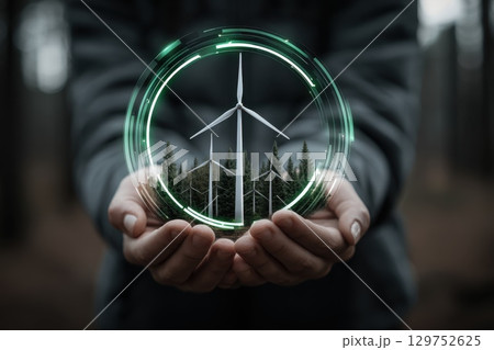Hands Supporting Circular Green Energy Concept with Wind Turbines and Forest Imagery 129752625