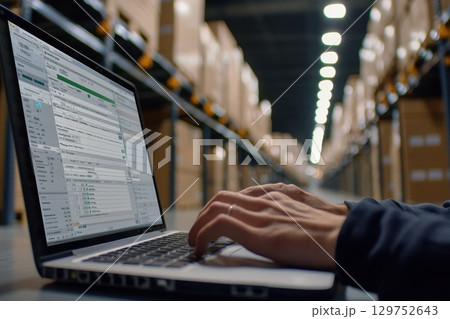 A person is typing on a laptop in a warehouse 129752643