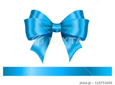 Shiny Blue satin ribbon on white background. Blue Ribbon Bow. Realistic shiny satin horizontal ribbon for decorate your Christmas gift, Father's day, birthday invitation card. Vector Wrapping element Shiny Blue satin ribbon on white background. Blue Ribbon Bow. Realistic shiny satin horizontal ribbon for decorate your Christmas gift, Father's day, birthday invitation card. Vector Wrapping element 129752689