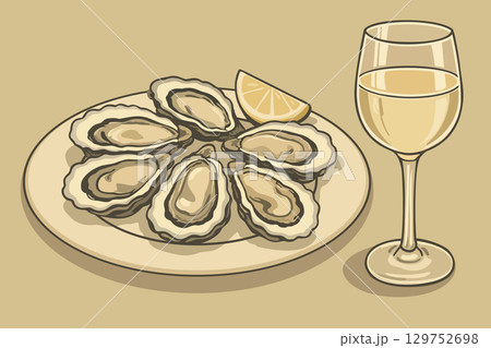 Plate of oysters and glass of white wine. Vector vintage illustration 129752698