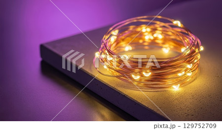 Warm LED String Lights on Book with Purple Background 129752709