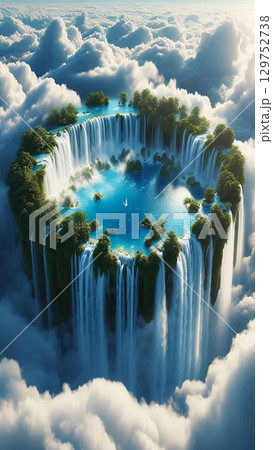【スマホ壁紙用】神秘的な空中滝の絶景 129752738