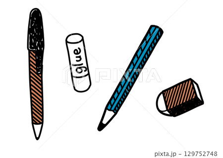 筆記用具(ボールペン・スティックのり・鉛筆・消しゴム)の手描きイラスト 筆記用具(ボールペン・スティックのり・鉛筆・消しゴム)の手描きイラスト 129752748