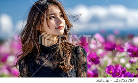 コスモス畑で微笑む若い女性の秋ポートレート写真 129752784