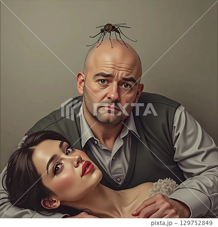 An expressive portrait of a bald man and a beautiful woman in his arms. A bald man with a thoughtful expression embraces a beautiful woman, with a large mosquito sitting on his head. 129752849