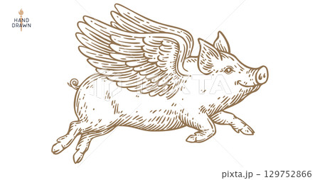 Fly piggly, pig, piglet with wings. Vintage retro pig print, black white fly piggly drawing, piglet with wings, grunge pig old school style. Silhouette angel pig, piglet, piggly. Vector Illustration 129752866