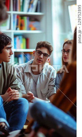 Group of young people having a discussion in a cozy library Group of young people having a discussion in a cozy library 129752895